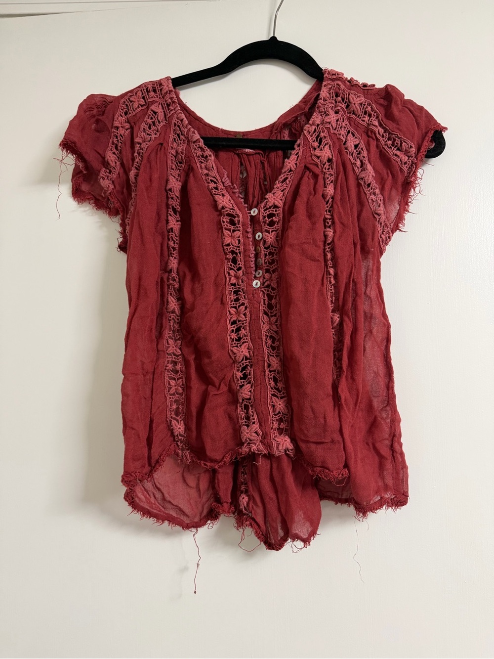 Free People Women's Boho Lace-Trim Short Sleeve Top in Wine Red